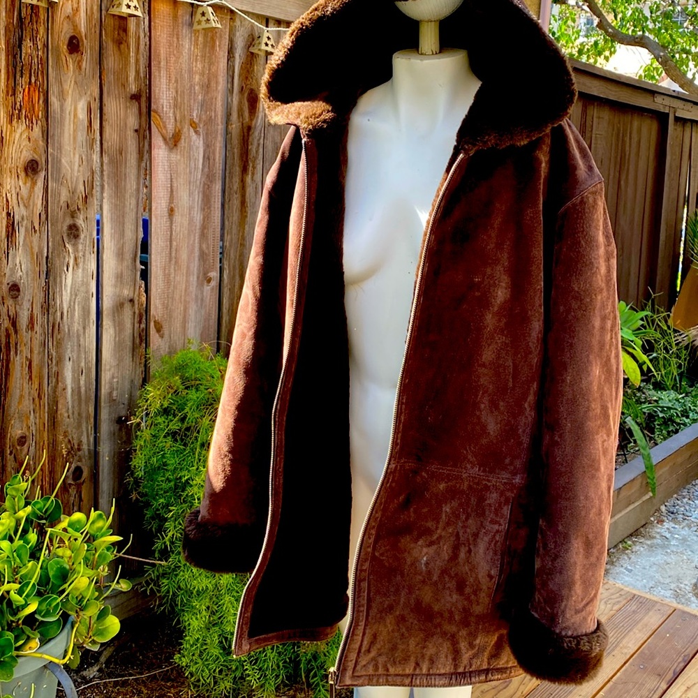 Luxurious real suede leather fur lined long warm hoodie jacket coat NO OFFERS!